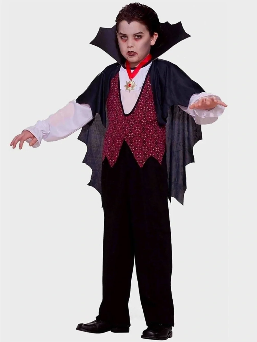 New Vampire Costume Boys' Size S 6/7 3pc Shirt w/ Attached Vest Cape & Medallion